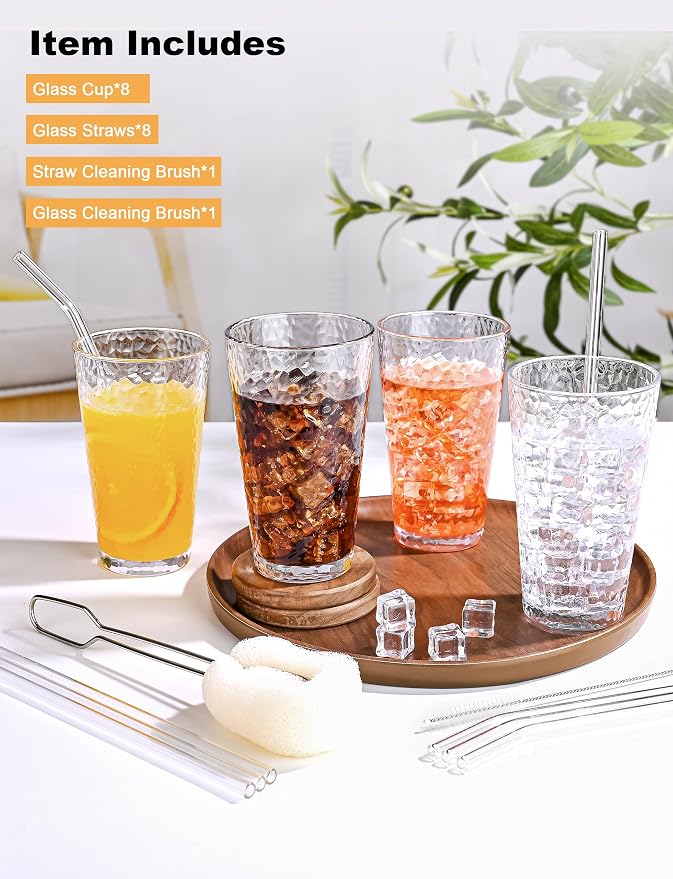 Amyoole Drinking Glasses Set of 8, 16oz Clear Highball Water Glasses | Stackable Lead-Free, Clear Heavy Hammered Glass Cups,Kitchen Drinkware Glassware for Cocktail,Beer,Juice,Iced Tea,Margaritas