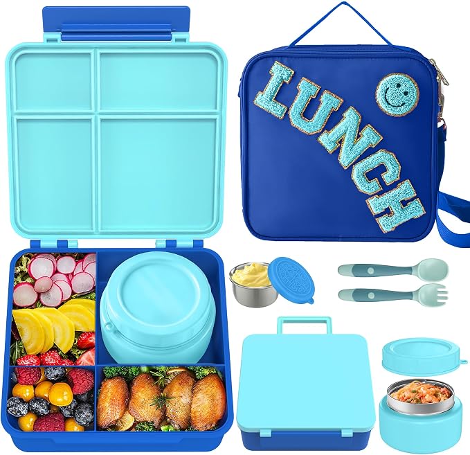 Aimsnk Kids Lunch Box with Thermo Insulated Lunch Bag for School, Blue | Kids Bento Lunch Box with 8oz Food Jar, Leak Proof Hot Soup Lunch Containers with 4 Compartment, Warm Lunchbox for Toddler