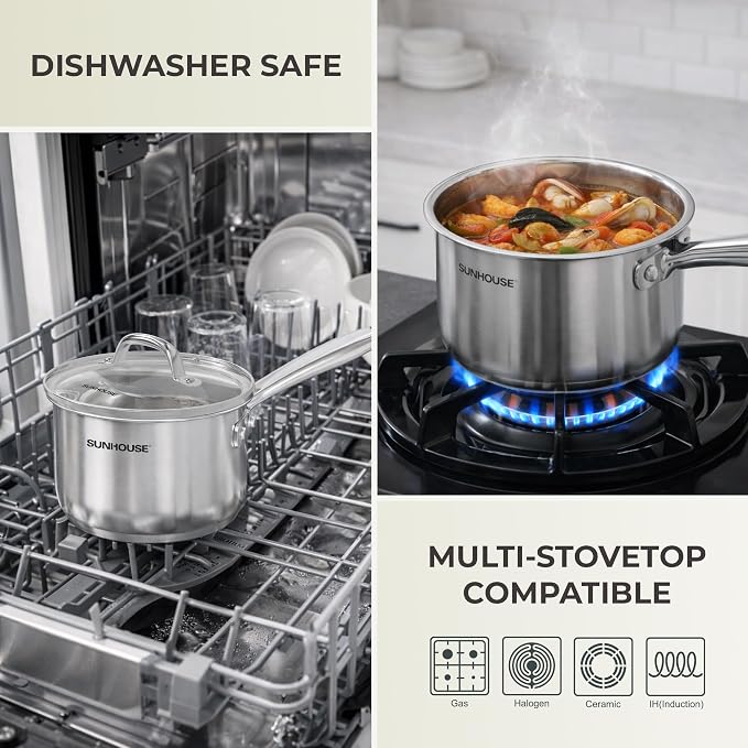 SUNHOUSE 1.5 QT Stainless Steel Saucepan with Lid, 3-Ply Small Sauce Pot | 18/10 Stainless Steel Pot For Cooking - Induction Compatible Milk Pan - PFOA Free, Oven & Dishwasher Safe Sauce Pan