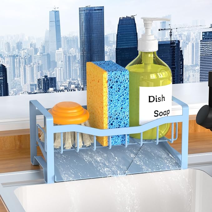 Stainless Steel Kitchen Sink Caddy Organizer with Auto Drain Tray, Sponge Holder for Countertop Storage