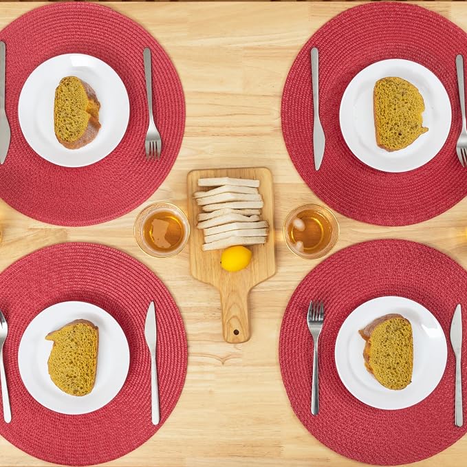 Winknowl Round Braided Placemats Set of 4 Washable Woven Heat Resistant Table Mats for Kitchen Dining Tables 15 inch Round Place Mats (Red,4pcs)