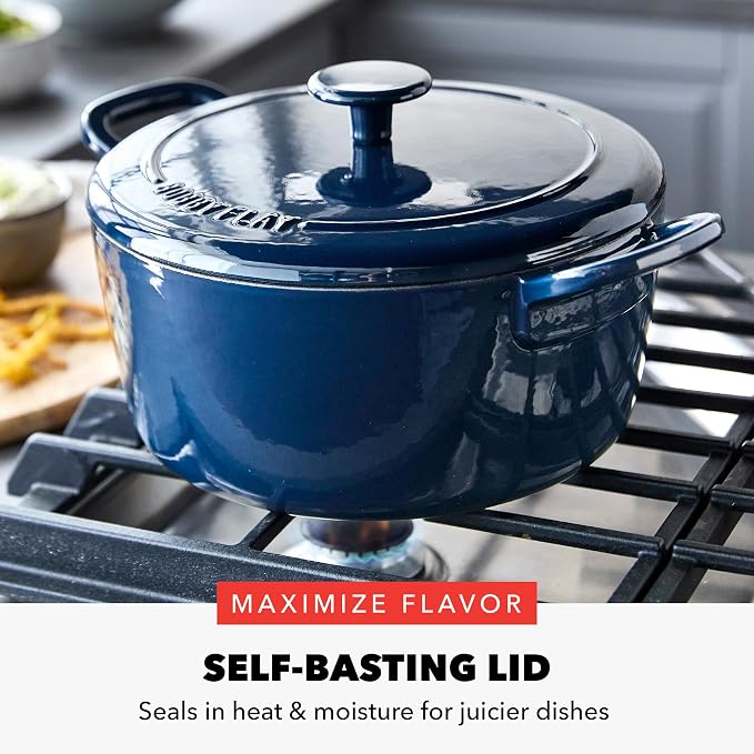 GreenPan x Bobby Flay 5.5QT Enameled Cast Iron Dutch Oven With Lid, Navy | Casserole Pot for Braising, Stews, Bread Baking & Searing, Self-Basting Lid, Induction Ready, Oven Safe To 500