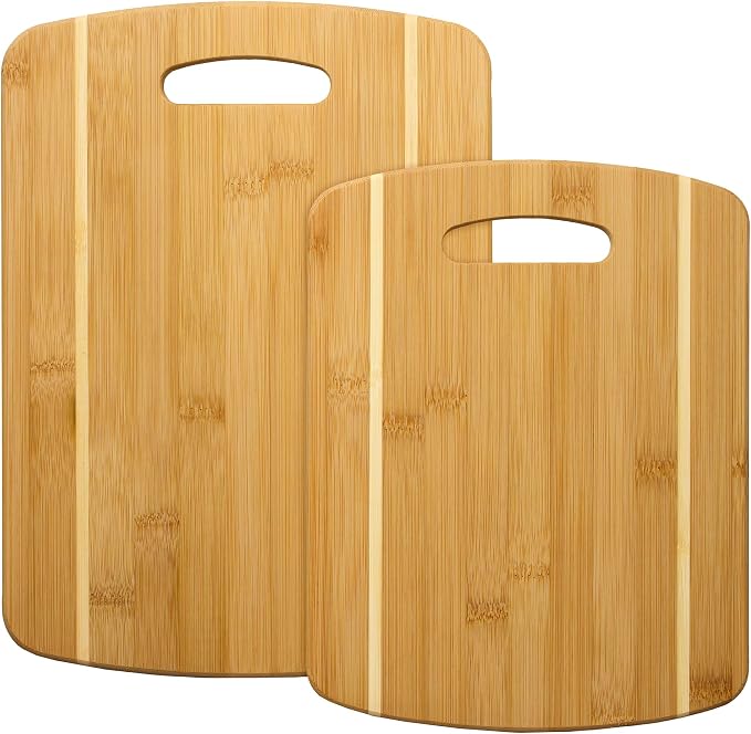 Totally Bamboo 2-Piece Cutting Board Set; 2 Assorted Sizes of Bamboo Wood Cutting Boards for Kitchen | Large and medium wood chopping boards. Everyday prep for produce, meat, fish and poultry. Built-in handle holes for storage.