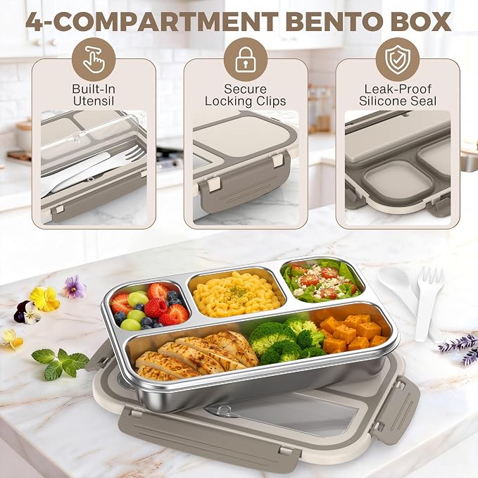 Stainless Steel Bento Box Adult Kids, Leakproof Metal Lunch Box Containers 4 Compartments, 32 Oz Reusable Food Storage Containers for Office and School, Brown