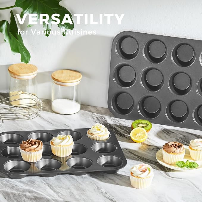 Muffin Pan for Baking, Nonstick Cupcake Tin 12 Cup, 2 Pack Cup Cake Tray, Premium Cheesecake Pans, Dishwasher Safe - Dark Grey