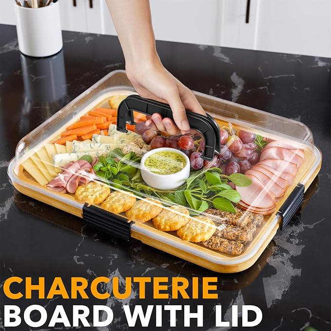 SpaceAid Charcuterie Board with Clear Lid, Portable Travel Cheese Cutting Boards for Picnic Accessories, Bamboo Serving Tray with Lids, House Warming Gifts, Black Handles, 1 Compartments