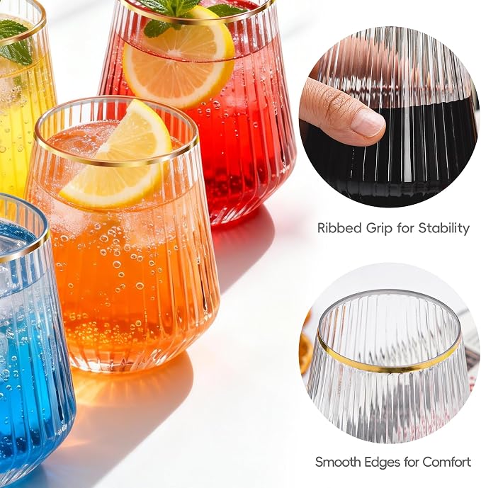 N9R 40PCS Plastic Wine Glasses Disposable, 14 oz Gold Rim Cocktail Spritz | Clear Gold Stemless Champagne/Whiskey/Drinking Cups, Fancy Origami Ripple, Shatterproof, for Parties, Weddings, Pool and Bar