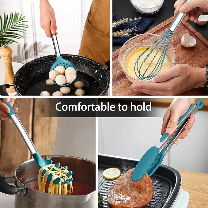 LIANYU 15-Piece Kitchen Cooking Utensils Set with Holder | Silicone Kitchen Tools Stainless Steel Handle, Slotted Spatula Spoon Turner Tong Whisk Brush for Cooking, Dark Blue