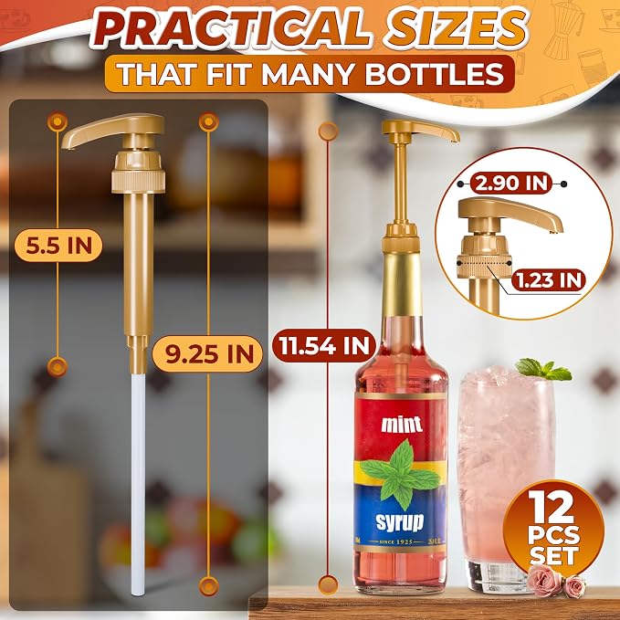 12 Pcs Coffee Syrup Dispenser Pump, Compatible with Torani & Skinny | 25.4 Oz (750ml) Glass Bottles; Precise 0.3 Oz Dispensing; Coffee Bar Accessories, Dirty Soda Bar, & Lemonade Stand Supplies