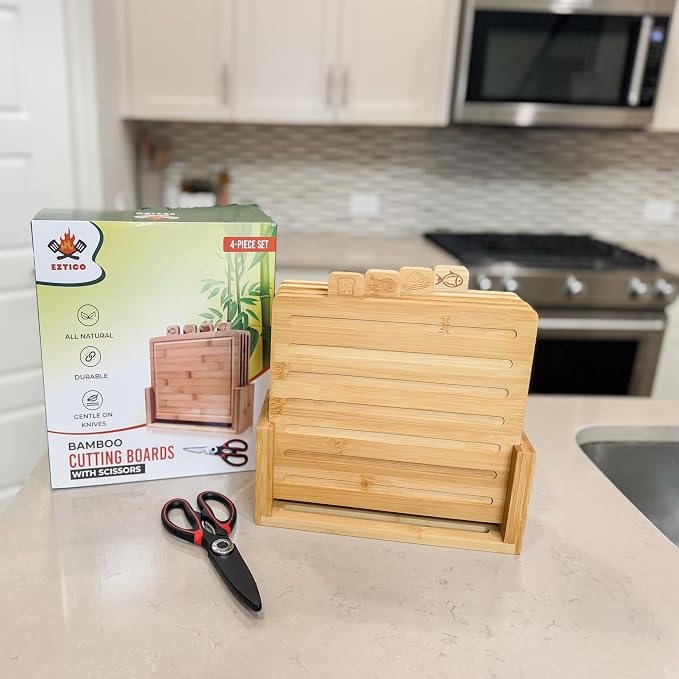 4-Piece Bamboo Cutting Board Set And Premium Scissors, Perfect Wooden Charcuterie and Chopping Boards, Ideal Juice Groove, BPA-Free, kitchen stuff, and kitchen must haves 2026.
