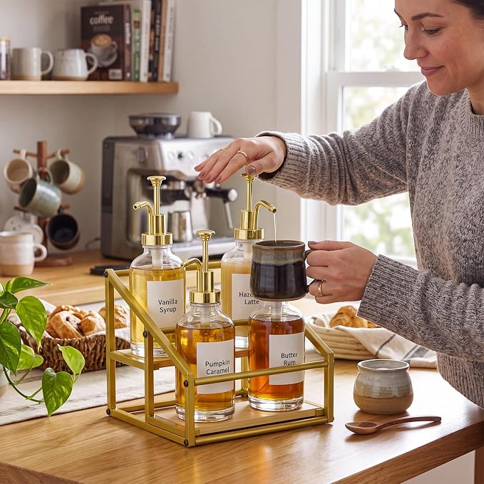 Coffee Bar Accessories, 4 Pack 16.9oz/500ml Coffee Syrup Dispenser with 1/4oz Pump, 2-tier Syrup Rack Organizer, Labels, Straw Brushes, Funnels for Kitchen Countertop, Wine, Dressing Storage