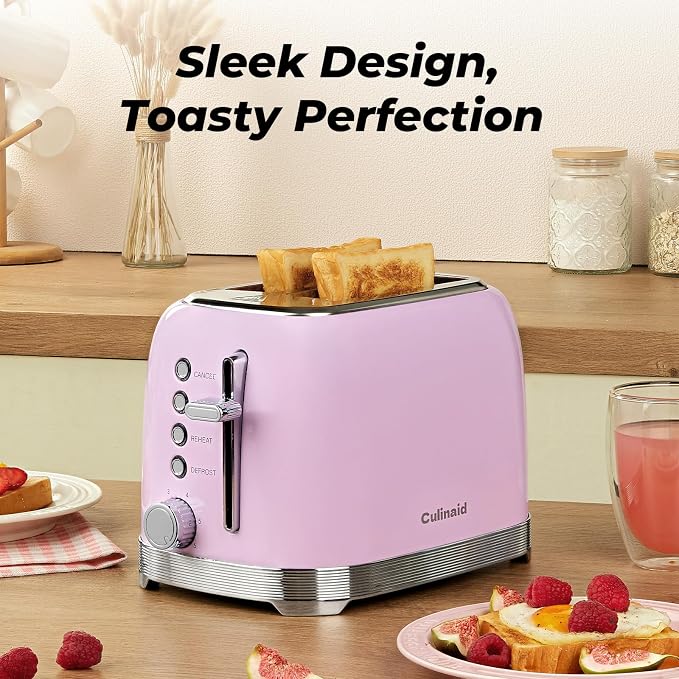 Toaster 2 Slice Retro Stainless Steel, Pastel Pink | 1.5’’ Extra Wide Slots with Bagel, Defrost, Reheat, Cancel Functions, 6 Bread Shade Settings, Removable Crumb Tray