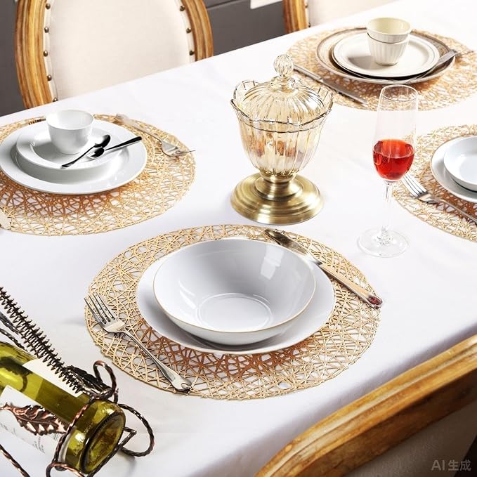 Sieral 12 Packs Round Placemats 15 Inch Hollow Out Pressed Vinyl,Gold | Heat Resistant Woven Texture, Easy Clean for Christmas Dinner Party, Wedding Holiday Centerpiece Dining Table Decor