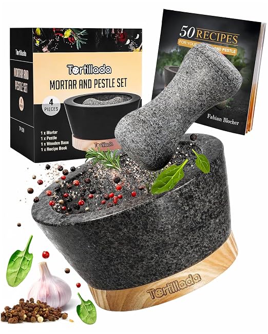 – 6-inch Mortar and Pestle Set Large Made of Natural Granite with Anti-Scratch Wood Base Granite Spice Herb Grinder Pill Crusher with 50 Recipes, Black