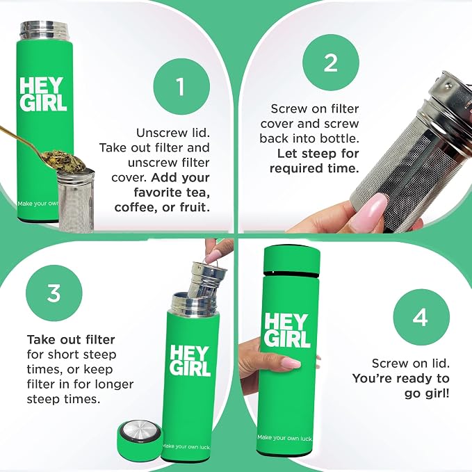 Hey Girl Tea Infuser Bottle 450ml - Insulated Stainless Steel Water Bottle - Tea Tumbler with Tea Diffuser - Portable Travel Mug for Loose Leaf Tea & Infused Water - Tea Lovers Gifts for Women
