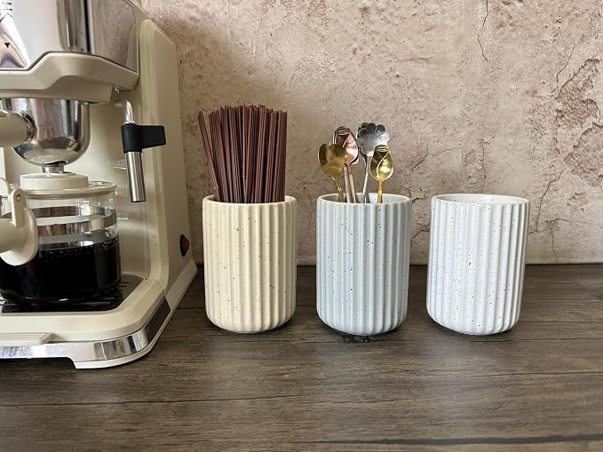 TOPYOKK Stoneware Coffee Bar Utensil Holder Tea & Coffee Spoon & Stirrer Holder for Stir Stick Straw Teaspoon Holder Espresso Spoon Cup Small Utensil Jar Fluted Vertical Stripe (Speckled Blue Grey)