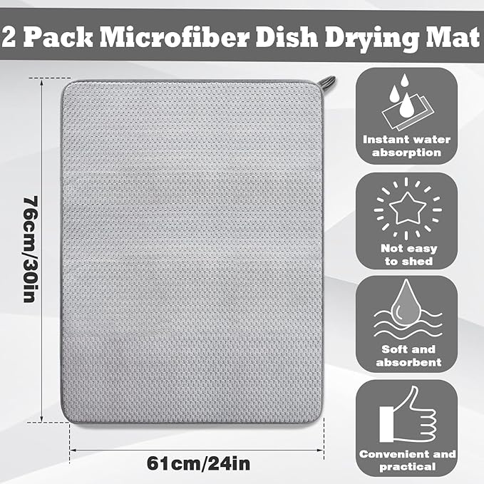 2 Pack Extra Large Microfiber Dish Drying Mat,30 x 24 Inch,Gray | Super Absorbent Drying Pad for Countertops,Sinks,Draining Racks