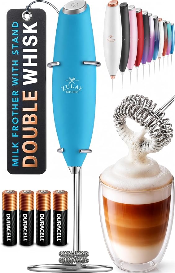 Zulay Kitchen Powerful Milk Frother Wand With Duracell Batteries - Ultra Fast Handheld Drink Mixer - Electric Whisk Foam Maker for Coffee, Lattes, Cappuccino & Matcha - Double Whisk - Teal