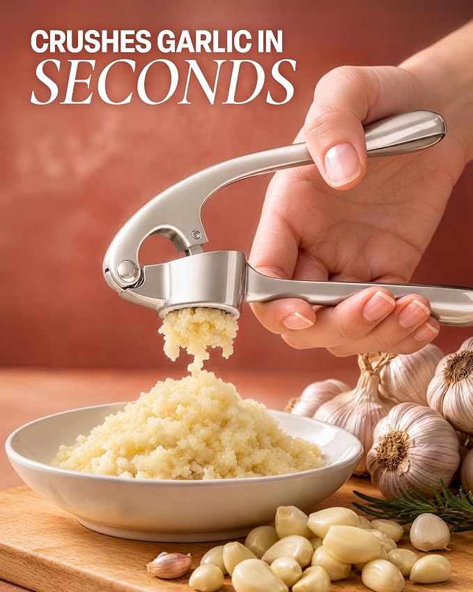 Zulay Kitchen Premium Garlic Press Set - Rust Proof Professional Garlic Mincer Tool - Easy-Squeeze, Easy-Clean with Soft, Ergonomic Handle - Silicone Garlic Peeler & Brush (Silver)