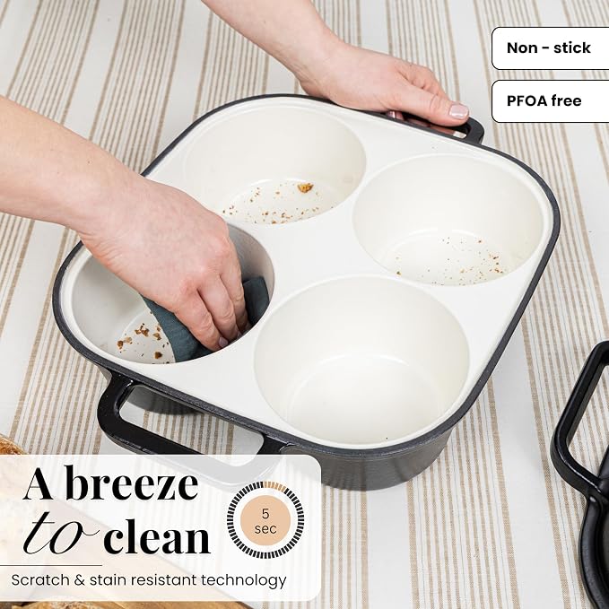 QuadPro Enamelled Cast Iron Bread Loaf Pot – Dutch Oven for Sourdough Bread Baking – 500°F Oven Safe Non Stick Bread Pot – 4 Round Loaf Spaces (4.90-inch Diameter), Black – by Nuovva