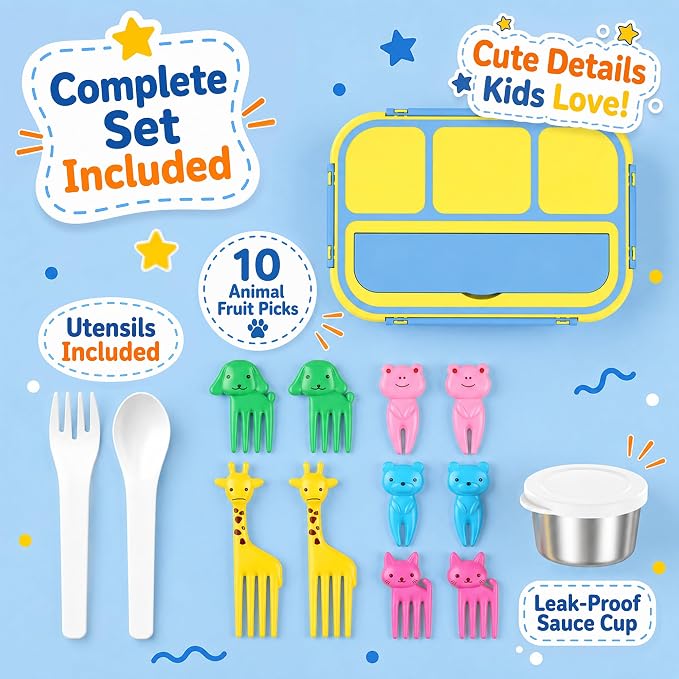 Stainless Steel Bento Lunch Box for Kids Adult, Metal Lunch Box Containers for Boys Girls School, 4 Compartment Leak Proof Lunch Containers with Sauce Cup, Fork and Spoon & Fruit Picks, Yellow Blue