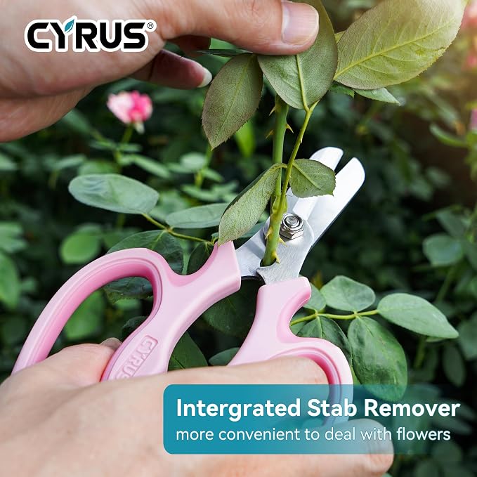 7.5 Inch Pink Straight Blade Floral Pruning Shears Built-In Thorn Remover