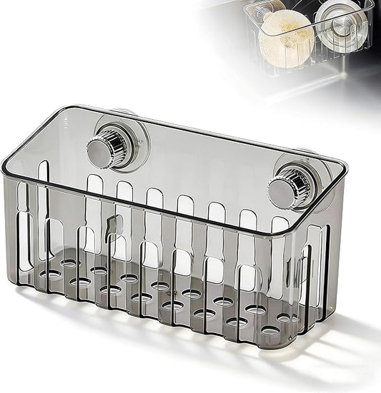 (Rotary Knob Installation) Sponge Holder for Kitchen Sink, Suction Cup Sink Caddy Kitchen Organizer, Clear Acrylic Sink Organizer No Drill, Fast Drain Sponge Brush Holder for Kitchen Sink Storage