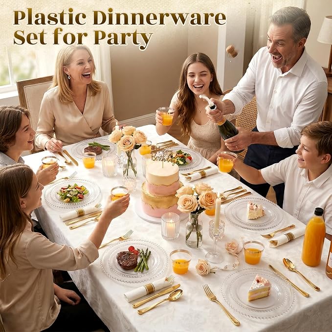 350pcs Plastic Dinnerware Set Clear 50 Guests for Wedding | Fancy Beaded Plastic Plates Include 100 Elegant Plastic Plates,50 Cups and 50 Pre Rolled Napkins with Cutlery Set