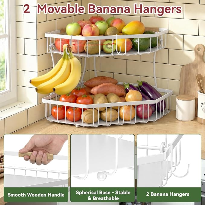 2 Tier Fruit Basket for Kitchen Counter with 2 Banana Hangers for Corner | Detachable Metal Fruit Bowl with Wooden Handle, Large Capacity Fruit Stand for Bread Fruit and Vegetable Storage, White