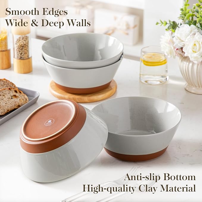 MALACASA Salad Bowls Set of 4, Soup Bowls for Kitchen, 60oz Ceramic Bowl | Large Deep Bowls for Ramen, Cereal, Fruit, Pho and Pasta, Microwave & Dishwasher Safe, Speckled, Grey & Brown, Series TARA