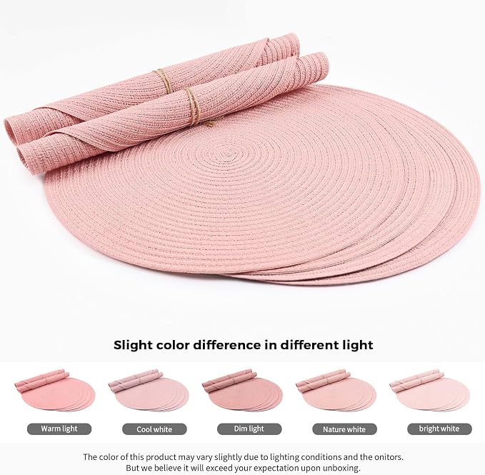 FunWheat Round Braided Placemats Set of 8 Place mats for Dining Tables Woven Heat Resistant Table Mats 15 inch (Pink,8pcs)