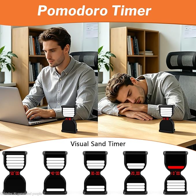 Pomodoro Timer for Productivity, Visual Digital Hourglass Timer | 5/25Min Preset, Custom Countdown Count-up, On/Off, Loud Alarm Mute, Rechargeable Flip Timer for ADHD Tool Study Work Kitchen