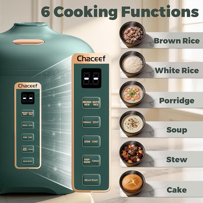 CHACEEF Rice Cooker 2 Cups Uncooked, 1.2L Portable Rice Cooker Small, Green | Smart Control, Non-Stick Pot, 24H Timer & Keep Warm, Multifunction for Soup, Oatmeal & Grain, Ideal for Dorm, Office & Travel