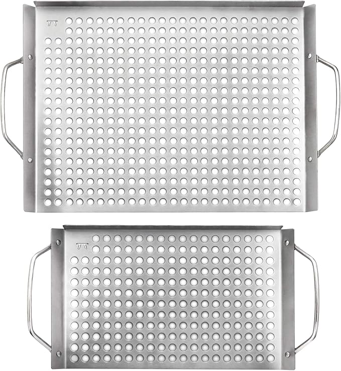 Outset Stainless Steel Grill Topper Grid, Set of 2, 11"x7" & 11"x17" Trays | Stainless Steel Grill Toppers | BBQ Veggie Grill Trays | Easy to Carry | Seafood Grill Tray With Holes | Infuses Flavor