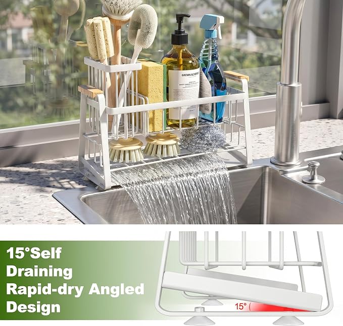 Housolution 2-Tier Sponge Holder for Kitchen Sink Caddy with Brush Holder | Auto-Draining, Suction Cups, Wooden Handle , Kitchen Sink Countertop Organization Storage, Dish Soap Holder, Rustproof, White