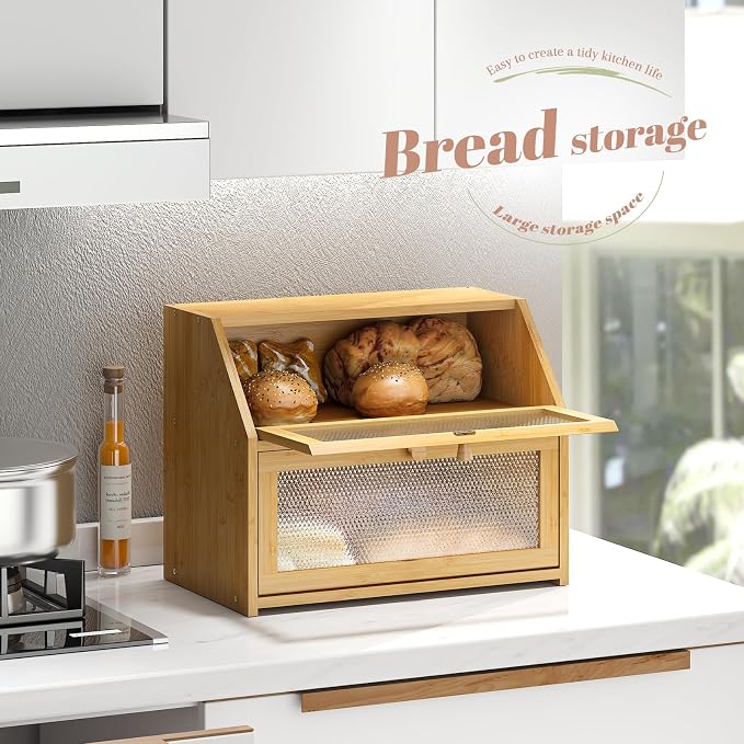 STDDRE Bread Box for Kitchen Countertop Bin Double Layer Bread Box Storage Container Extra Large Capacity Farmhouse with Diamond Pattern Windows (Natural, Large)