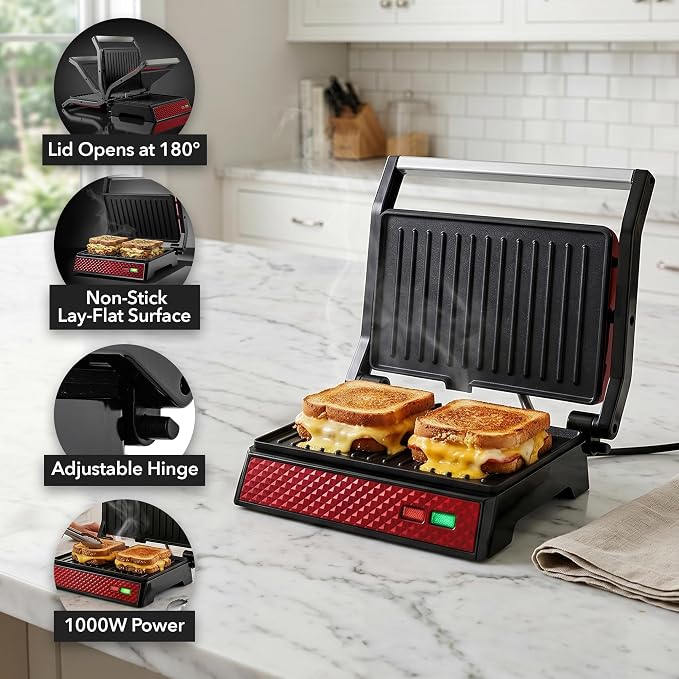 OVENTE Electric Indoor Panini Press Grill + Sandwich Maker, Red GP0620R | Opens 180 Degrees to Fit Any Type or Size of Food, 1000W Indoor Cooking Perfect for Quesadillas, Burgers & More