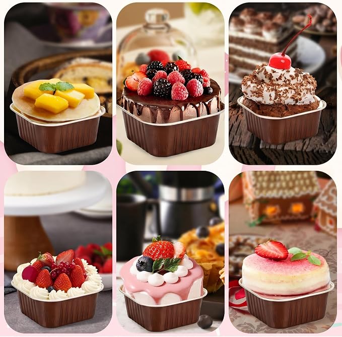 60Pack 5oz Brown Mini Cake Pans with Lids Baking Cups Aluminum Foil Pans Tins, Individual Dessert Cups Containers for Sales,Party,Picnics