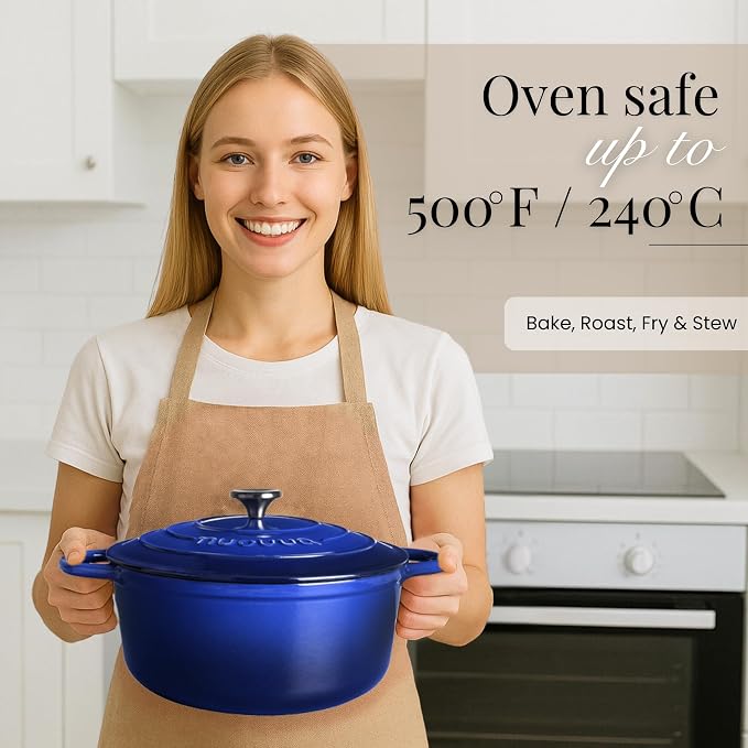 Nuovva Enamelled Cast Iron Dutch Oven Pot with Lid-6.4 Quart Non Stick Casserole Pot-Heavy Duty & Oven Safe up to 500° F for Bread Baking, Braising, Stews, Roasting - 28cm Dark Blue