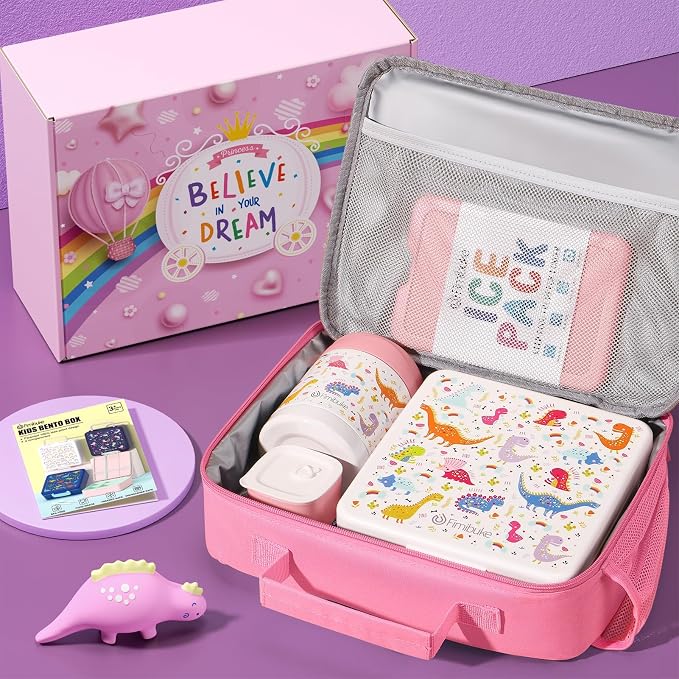 Fimibuke Kids Bento Snack Lunch Box with Thermo Insulated Toddler Lunch Bag | Lunch Box Kids with 4 Compartment, Food Jar, Ice Pack, Utensils, Birthday Gifts for Ages 3-12 Back to School Toddler Girl Boy