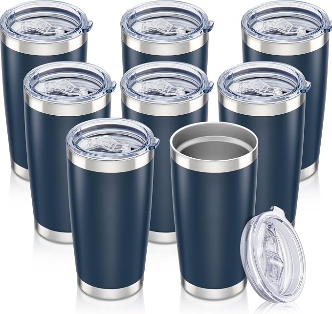 20 oz Tumbler with Lid Stainless Steel Insulated Tumblers Bulk Cups Mug | Double Wall Vacuum, Powder Coated, Keep Drinks Cold and Hot, Waterproof Lid, Fit of Car Cup Holders, Navy, 8 Pack