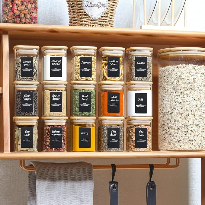 ComSaf Glass Spice Jars with Labels 6 oz 6 Pack Small Square Bamboo Lids | Empty Containers, Seasoning Herbs Powders, Salt Pepper Chili, Kitchen Cabinet Storage Starter Set, Dry Goods