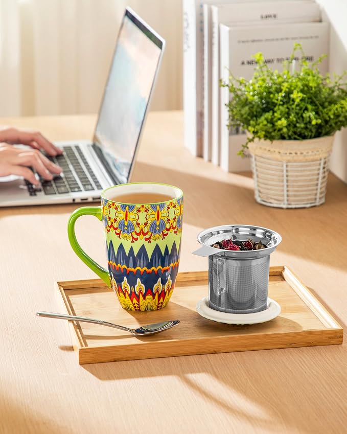 vancasso 18 Oz Tea Infuser Mug with Lid, Mint Petal Whirl | Eye-Catching Bohemian Pattern, Adds Charm to Any Tea Corner, Ceramic Mug with Infuser, Microwave and Dishwasher Safe