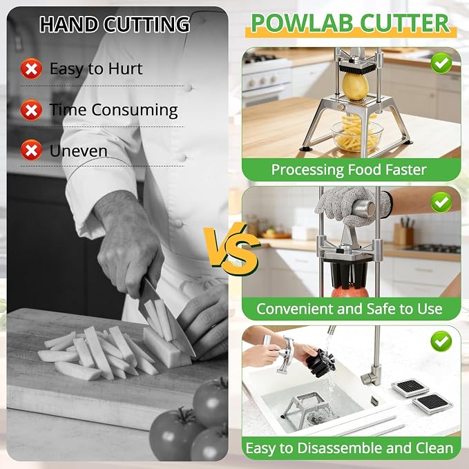 Commercial Vegetable Chopper & Fry Cutter, 3-Blade Manual Dicer | 1/4", 3/8" & 8-wedge blades, stainless steel cutters, aluminum alloy frame, suction base, detachable parts for easy cleaning