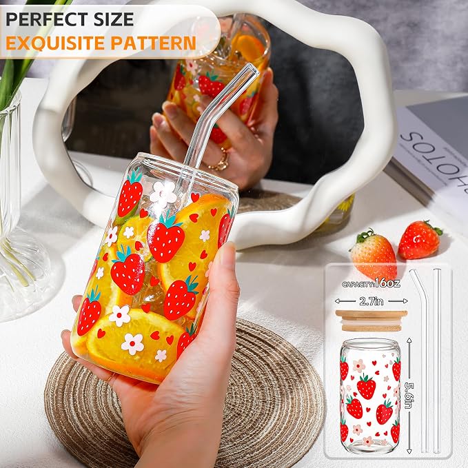 Glass Cups with Lids and Straws with Design Strawberry 4 pcs,Clear Glass Cups 16 oz-DWTS Drinking Glasses Set,Glass Tumbler,Cute Design Glass Iced Coffee Cups with Lids and Straws 480ml