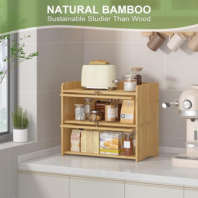 Large Vintage Bread Box for Kitchen Countertop Homemade Bread, Bamboo | Farmhouse Wooden Double Layer Breadbox Organizer Bread Holder Storage Container with Window
