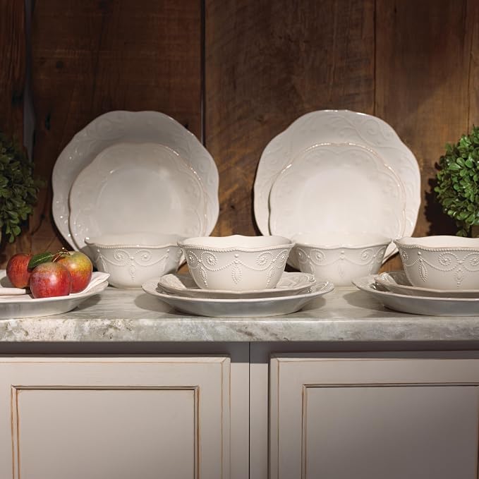 Lenox French Perle White Stoneware Dinnerware Set with All-Purpose Bowls | dishwasher safe, microwave safe | plates and bowls sets for kitchen and dining, dish set, dishes | 20oz