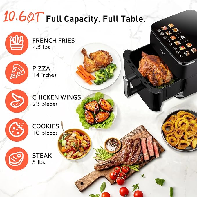 10.6 QT Oilless XL Large Air Fryer, 9 Presets & Keep Warm,Stainless Steel Inner Cavity, 400°F Precise Temp Control, Shake Reminder, Square Non-Stick&Dishwasher Safe Basket,With Visible Window