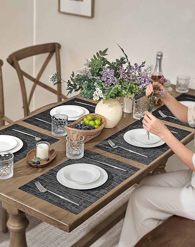 Leetaltree Black and Grey Woven Placemats Set of 8 - Heat Resistant Non-Slip Place mats for Dining Table, Washable Durable PVC Vinyl Woven Table Mats(Black & Grey, 8)