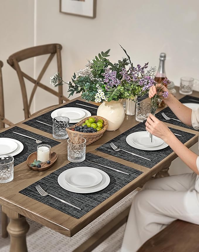 Leetaltree Black and Grey Woven Placemats Set of 12 - Heat Resistant Non-Slip Place mats for Dining Table, Washable Durable PVC Vinyl Woven Table Mats(Black & Grey, 12)